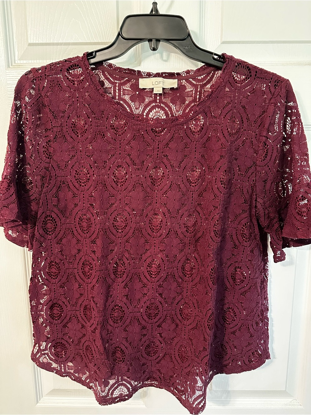 LOFT Burgundy Lace Short-Sleeve Blouse